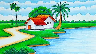 How to draw beautiful village scenery Indian village drawing easy step by step with nature landscape