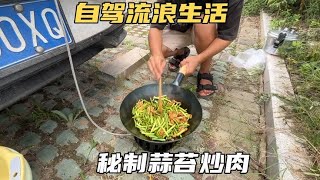 小伙床车自驾，为了省钱自己做饭，34度大太阳下做蒜苔炒肉吃！