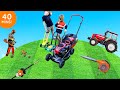 Lawn mowing for Kids | tractor trucks, leaf blower weed eater | blippi toys | min min