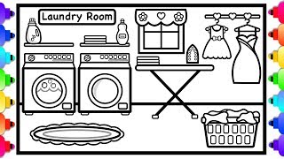 How to Draw a Laundry Room Easy For Kids 👚💙😊 Laundry Room Doll House Coloring Pages