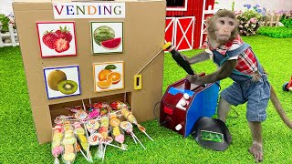 Baby monkey Bim Bim becomes a mechanic and plays with lollipops from a vending machine