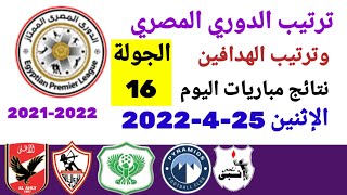ترتيب الدوري المصري وترتيب الهدافين ونتائج مباريات اليوم الإثنين 25-4-2022 من الجولة  16
