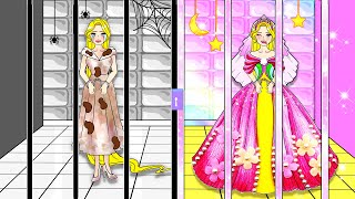 Paper Dolls Dress Up - Poor Rapunzel vs Rainbow Rapunzel In Jail - Barbie Wedding Handmade