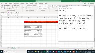 Sort birthdays by month \u0026 date only (excluding year) in Excel