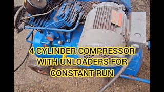 Emglo LU constant run air compressor. Unloader heads demonstrated. 4 cylinder 3 hp 12.9 CFM