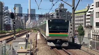 E233系3000番台629編成+E231系1000番台S-08編成警笛を鳴らして恵比寿通過