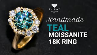 Teal Moissanite 18K Gold Ring | Handmade Moissanite Ring Art Deco Style for Her Birthday Anniversary