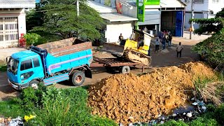 New PROJECT using Bulldozer KOMATSU D31P working push soil filling up with Dump truck 5T unloading.