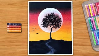 Oil pastel drawing easy - Moonlight night scenery drawing with oil pastel