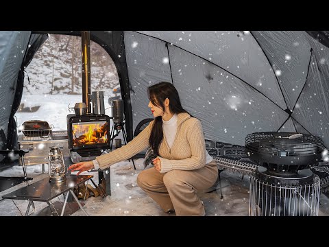 Hot Tent Solo Camping In Snowy Mountains️ㅣCamp ASMRㅣNortent Gamme8