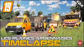 🇫🇷  Road Sweepeing \u0026 Road Roller Volvo DD105 ⭐ FS19 Les Plaines Ardennaises V2 Timelapse