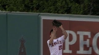 Bourjos makes a leaping catch on a fly ball