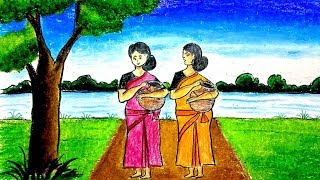 How to Draw A Scenery of Village Women Carrying Water