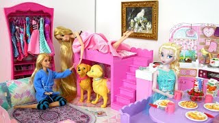 Barbie Elsa Rapunzel Morning Routine at Barbie Japanese House بيت باربي Barbie boneca Casa