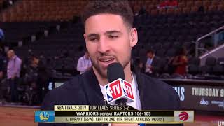 Klay Thompson REACTS to Warriors defeating Raptors, Kevin Durant exit with injury
