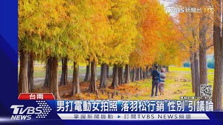 男打電動女拍照 落羽松行銷\