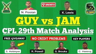 GUY vs JAM Match Dream11 | GUY vs JAM Dream11 Prediction | GUY vs JAM CPL 29th Match Dream11 Today