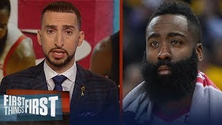 Harden suffers injury in Rockets' loss to Warriors - Nick & Cris react | NBA | FIRST THINGS FIRST