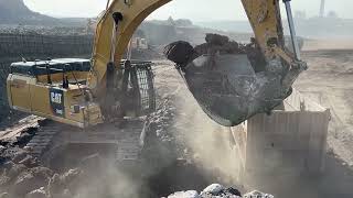 Caterpillar 352F Excavator Loading Mercedes And MAN Trucks