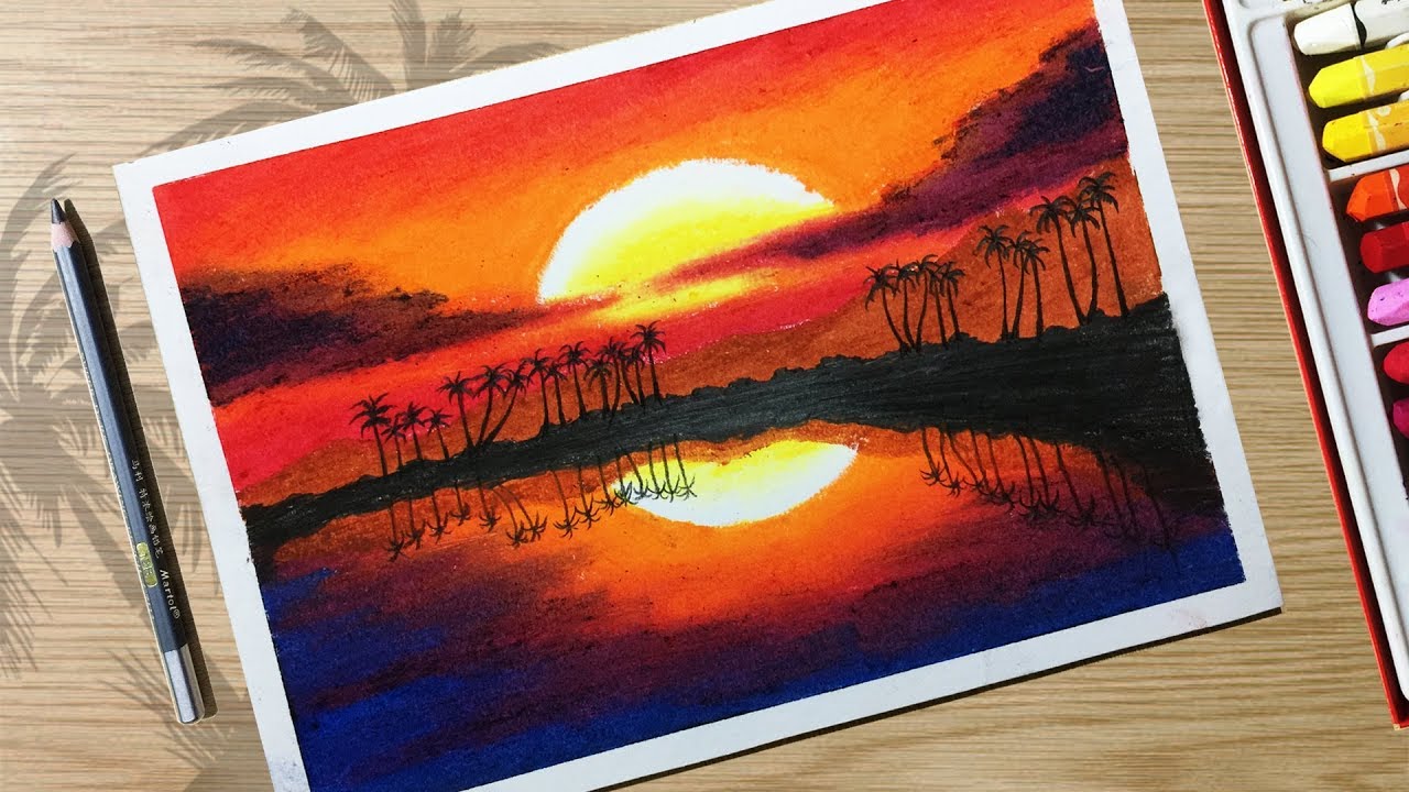 How To Draw Beautiful Sunset Scenery With Oil Pastels For Beginner Step ...