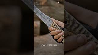 Damascus Knife with SHEEP HORN handle - Handmade Hunting Knife with Leather Sheath