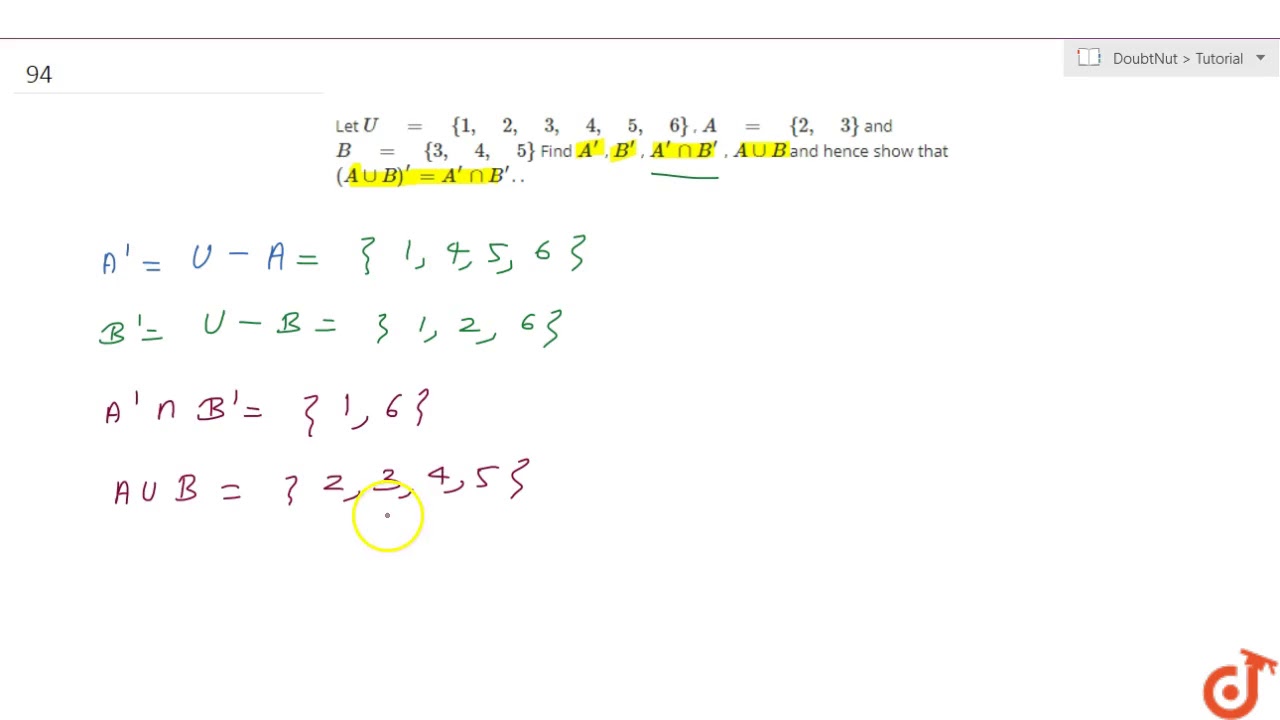 Let `U = {1, 2, 3, 4, 5, 6}` , `A = {2, 3}` And `B = {3, 4, 5}` Find `A ...