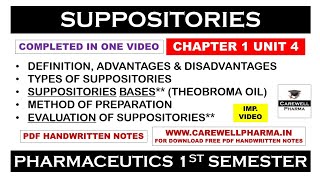 Suppositories (Complete) | Types | Suppository Bases | Evaluation | Part 1 Unit 4 | Pharmaceutics 1