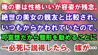 【修羅場】俺の妻は性格いいが容姿が残念。絶世の美女の親友と比較され、いつもからかわれていたので、可哀想だから整形を勧めることに→必死に説得したら、嫁が…