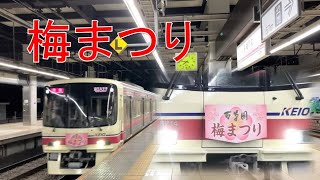 京王8000系「百草園梅まつり」ヘッドマーク掲出車 高幡不動駅入線～発車