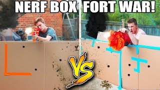 WORLDS BIGGEST BOX FORT NERF WAR! 1v1 NERF BATTLE!
