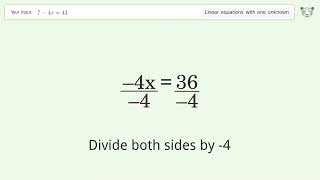 Solve 7-4x=43: Linear Equation Video Solution | Tiger Algebra