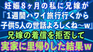 【スカッとする話】妊娠8ヶ月の私に兄嫁が「1週間ハワイ旅行行くから子供5人よろしくね〜w」兄嫁を着信拒否して実家に里帰りした結