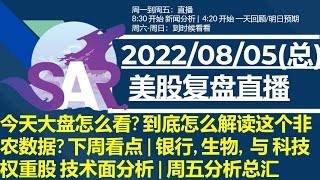 美股直播08/05[复盘] 今天大盘怎么看? 到底怎么解读这个非农数据? 下周看点 | 银行, 生物,  与 科技权重股 技术面分析 | 周五分析总汇