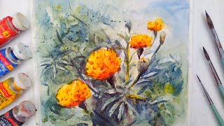 Watercolor painting of Marigold flowers tutorial for beginners