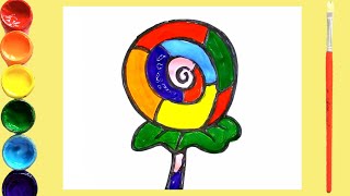 儿童简笔画−如何画棒棒糖和上颜色。learn how  to  draw and color lollipop