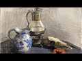 How to painting Sheep skulls and blue and white porcelain bottles with watercolor.