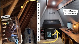 Complete Attic Makeover Into Finished Maker Space-Full Build in 10 Mins