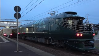 寝台列車同士の並び!　瑞風の横を通過するサンライズ出雲を荘原駅で撮影