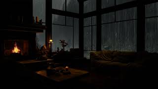 Sleeping in Rainy Night with Crackling Fireplace in Cozy Cabin | Rain Sounds ASMR Ambience for Sleep