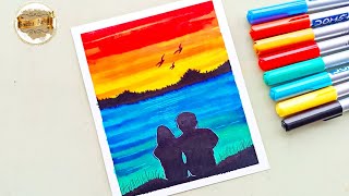 A Romantic Couple sitting on the beach painting For Beginners | Valentine's Day Brush Pens Drawings