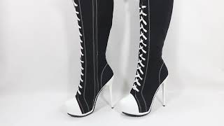 Sorbern Black Canvas Knee High Boots Women High Heel Stilettos White Toes Heels