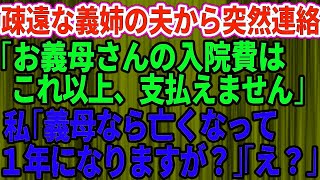 【スカッとする話】疎遠だった義姉の夫から突然連絡「お義母さんの入院費の負担はこれ以上、支払えません」私「義母なら亡くなって１年になりますが？」義姉の夫「え？」実は…【修羅場】