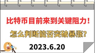 比特币目前来到关键阻力！怎么判断能否突破暴涨？6.20比特币，以太坊行情分析。