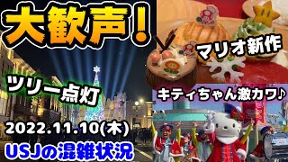 【USJ3年ぶり感動のツリー点灯‼︎】クリスマスのユニバはどうなる⁉︎最新情報盛り沢山‼︎マリオの新作フードや新作グッズもご紹介‼︎2022年11月10日木曜日、ユニバーサルスタジオジャパンの混雑状況