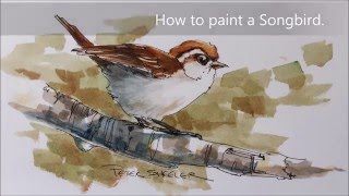 How to paint a bird, sparrow demonstration. A fun line and wash watercolor