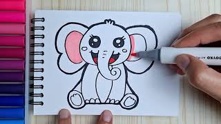 Real Time Drawing and Coloring a HAPPY LITTLE ELEPHANT - for Kids Step by Step