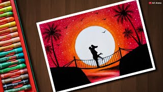 Couple on Bridge scenery drawing with Oil Pastels - step by step