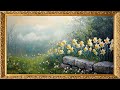 vintage tv art enchanting oil painting of a daffodil garden in the mist gold framed vintage art