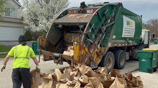 Massive Yard Waste Pile with a Roaring WM Mack LE Rear Loader Garbage Truck