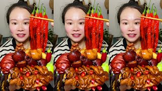 Yummy Spicy Food Mukbang, Eat Spicy Seafood With Pork Belly, Pig Intestines And Green Vegetables 😋